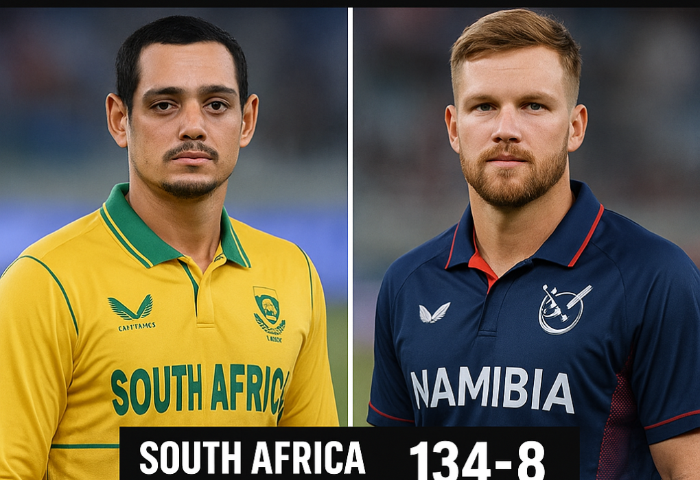 Namibia vs South Africa “Ruben Trumpelmann celebrates after taking three wickets against South Africa” “Zane Green hits match-winning boundary for Namibia vs South Africa” “Gerhard Erasmus leads Namibia to victory in T20I against South Africa”