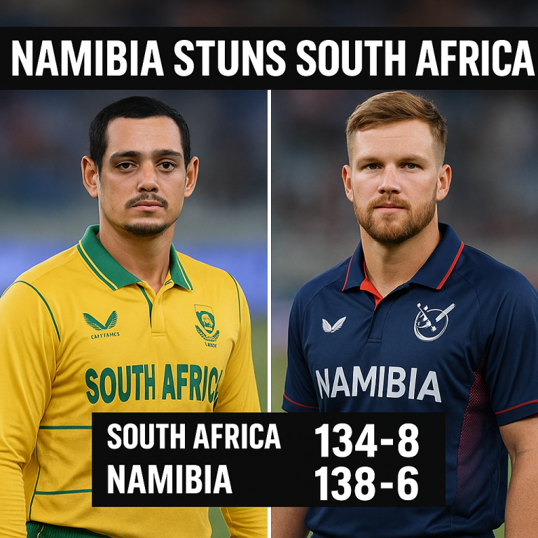Namibia vs South Africa “Ruben Trumpelmann celebrates after taking three wickets against South Africa” “Zane Green hits match-winning boundary for Namibia vs South Africa” “Gerhard Erasmus leads Namibia to victory in T20I against South Africa”